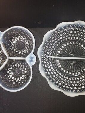 Vintage Fenton Hobnail Glass Divided Serving Pieces - Opalescent Rim